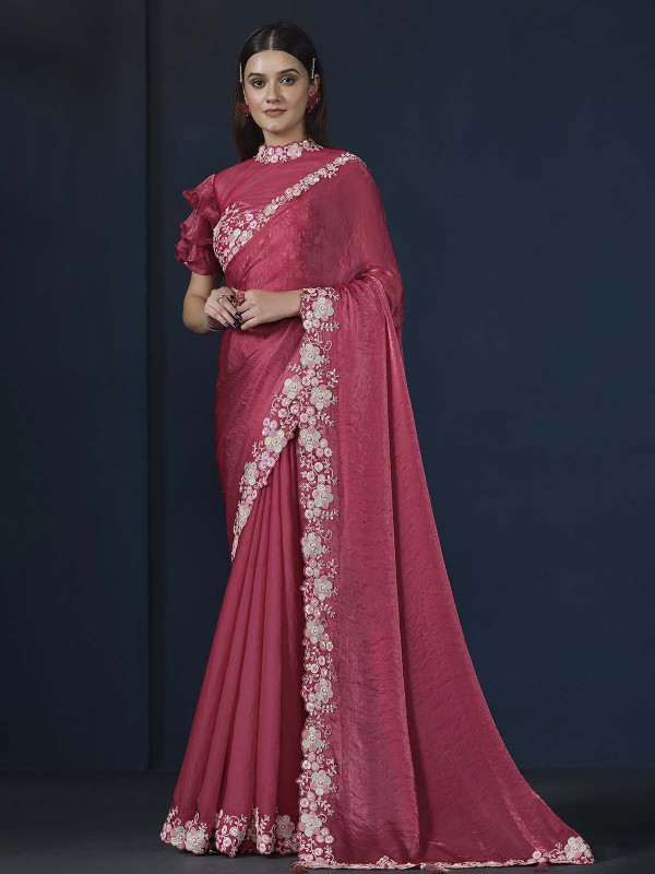 Red Pink Two Tone Satin Silk Party Wear Saree